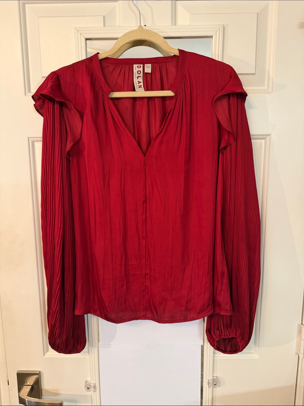 dolan Crimson Pleated Long-Sleeve V-Neck Blouse